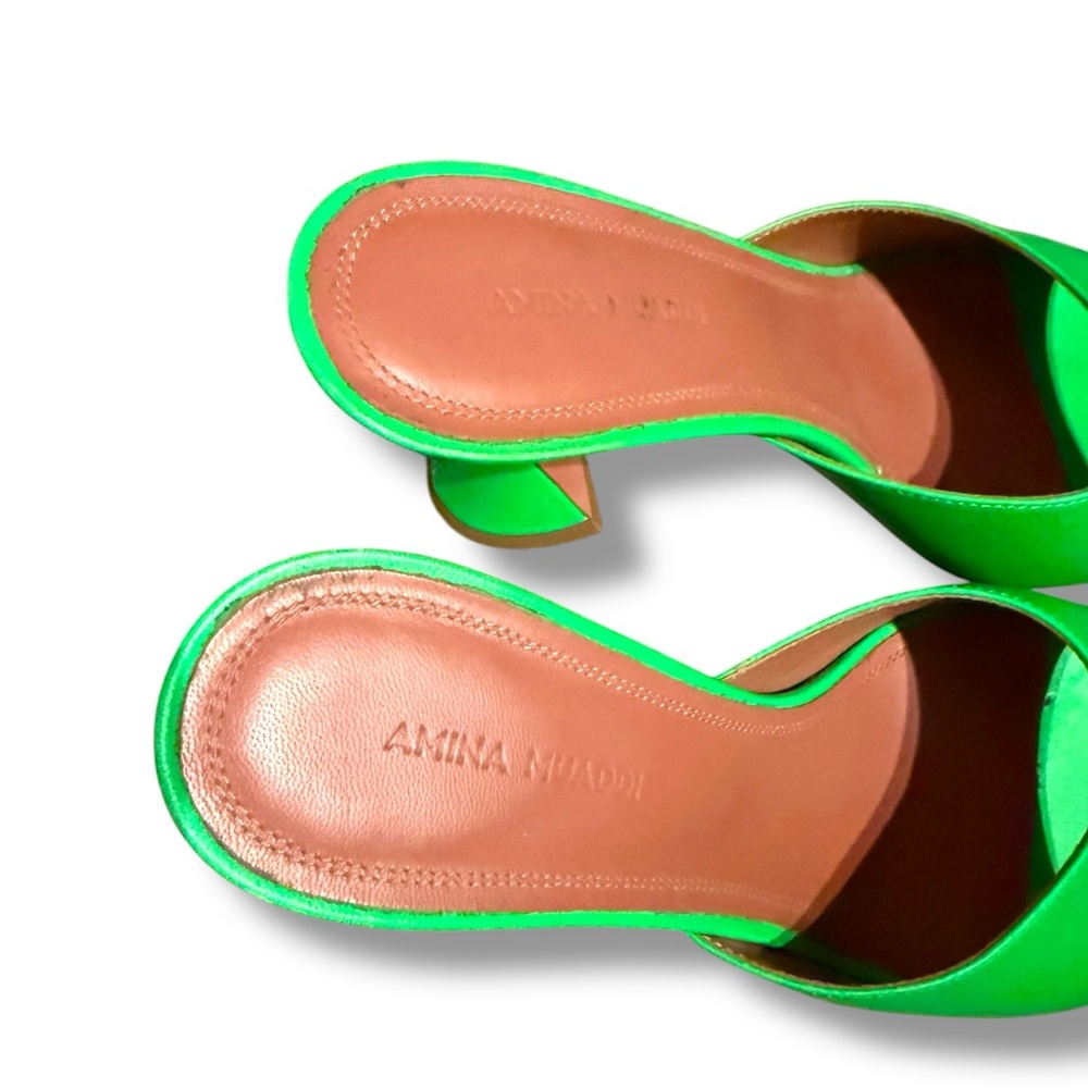 Amina Muaddi‎ Lupita Bright Green Slipper Mule Heels Sz 37 EU 7 US Made in Italy - Picture 5 of 11